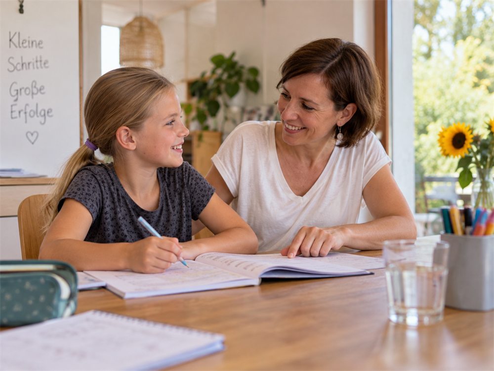 Mutter und Tochter lernen entspannt gemeinsam am Tisch