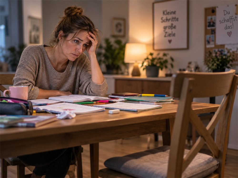 Gestresste Mutter sitzt erschöpft vor Schulheften am Esstisch