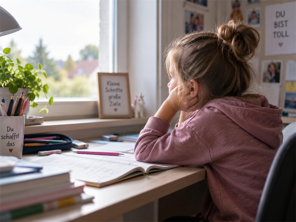 Mädchen sitzt abgelenkt am Schreibtisch und schaut aus dem Fenster, statt Hausaufgaben zu machen