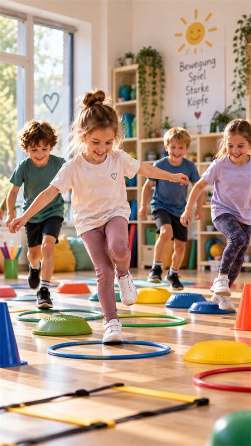 Gruppe von Kindern durchläuft lachend einen bunten Bewegungsparcours mit Reifen und Hütchen